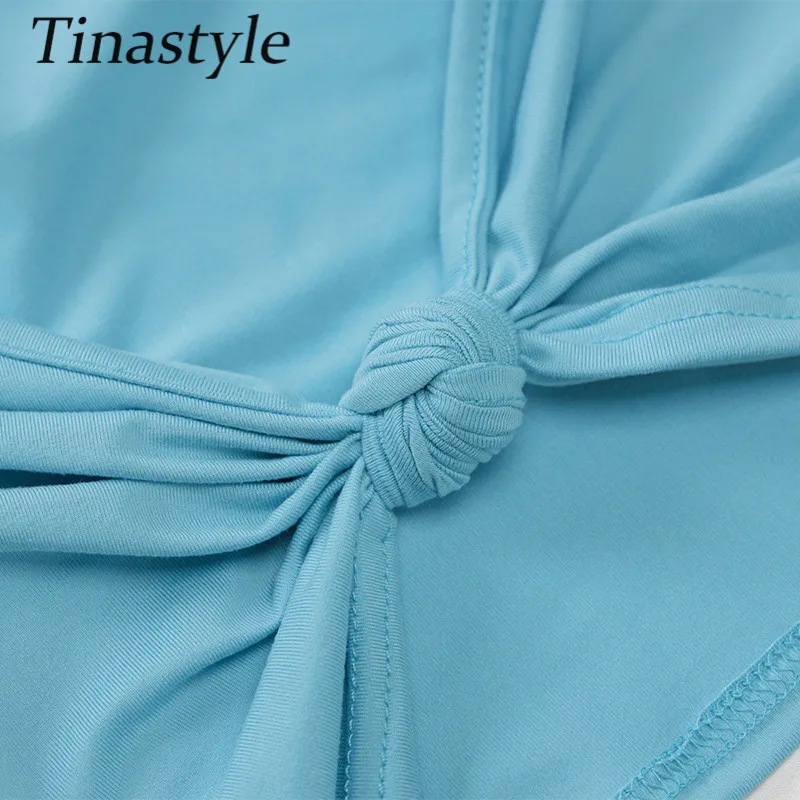 

Tinastyle One Shoulder Sexy Summer T shirt Women White Long Sleeve Knot Short Corset Crop Top Basic Casual Party Club T-shirts