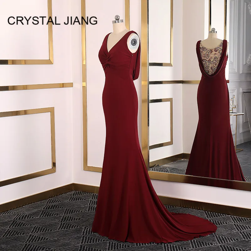

Sexy V Neck Formal Dress 2020 Wine Red Crystal Beaded Sleeveless Court Train Evening Dresses Long Robe De Soiree Evening Gown