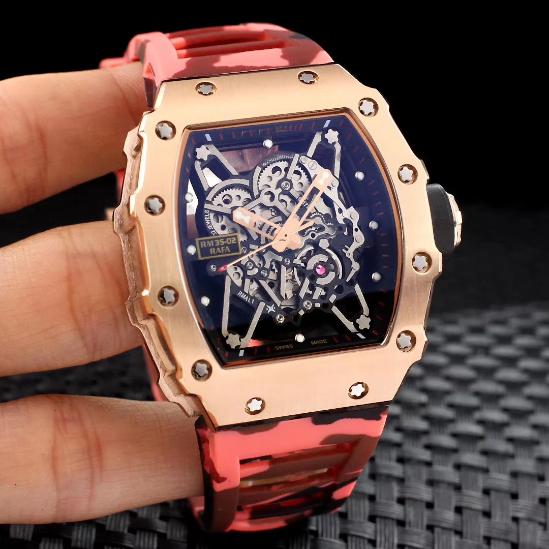 

Luxury Brand Men Blue Black Camouflage Rubber Rose Gold Watch Sapphire Automatic Mechanical Stainless Steel Calendar Skeleton
