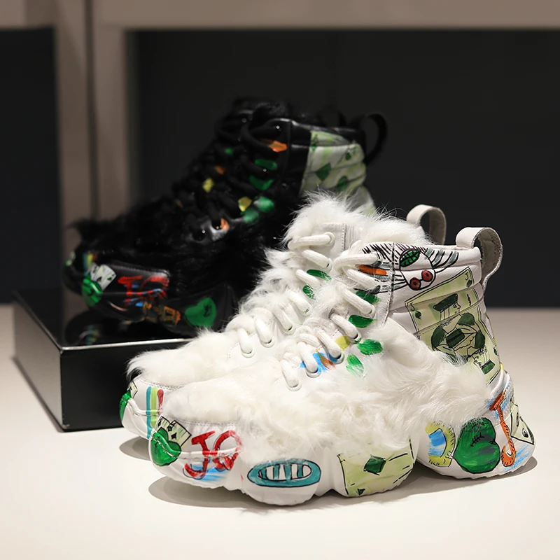 Женские кожаные ботинки maomao черные короткие с толстой подошвой граффити в