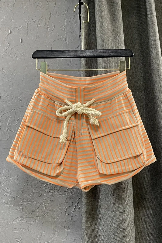 

2021 Summer Korean Women's Casual Striped Overalls Loose Fashion Wide Leg Hot Short Pants Female High Waist A Line Shorts
