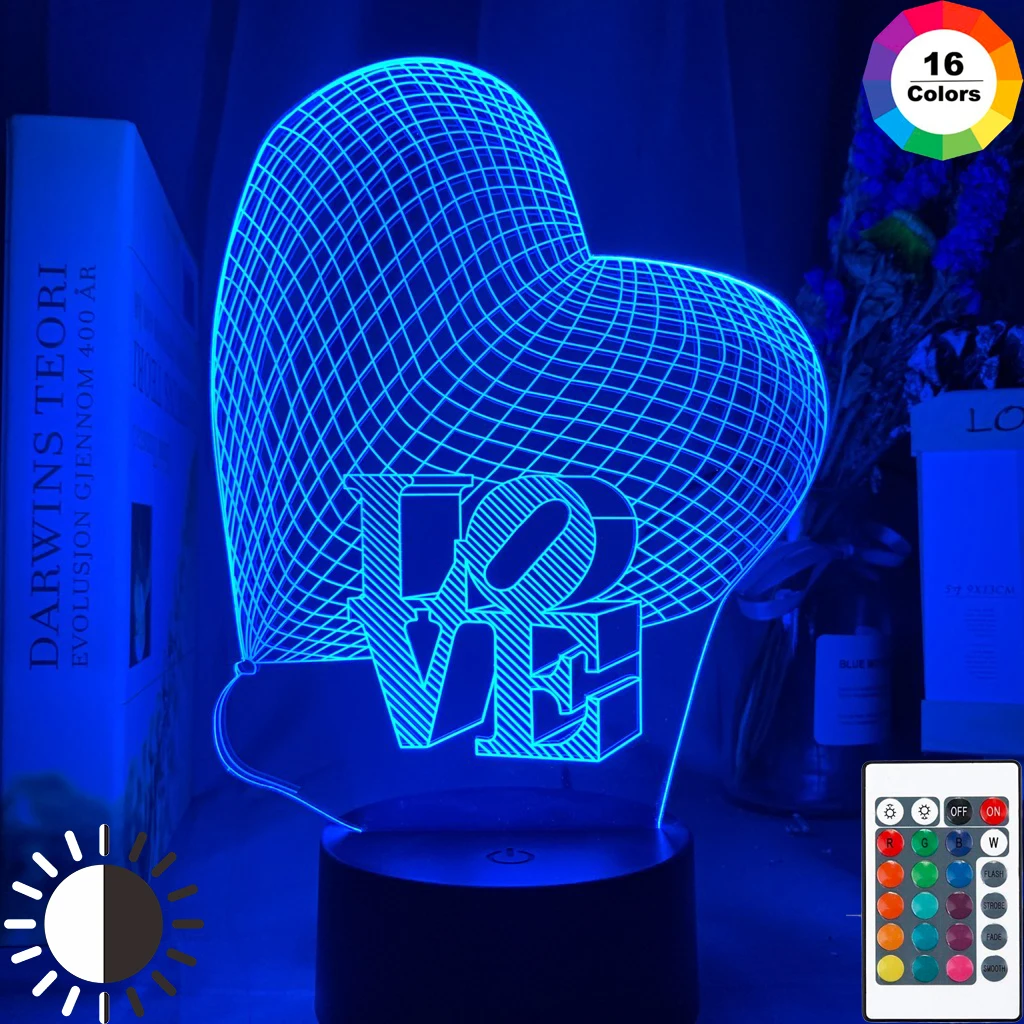 Ночная 3d лампа в виде сердца с голограммой меняющий цвет ночсветильник для