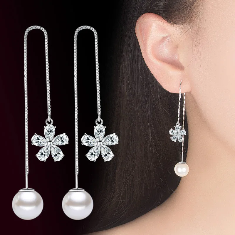 

Crystal Pearl Tassel Earrings Silver-plated Ear Line Long Drop Earrings For Women Earing Jewelry Earings Dangle Earring CF12