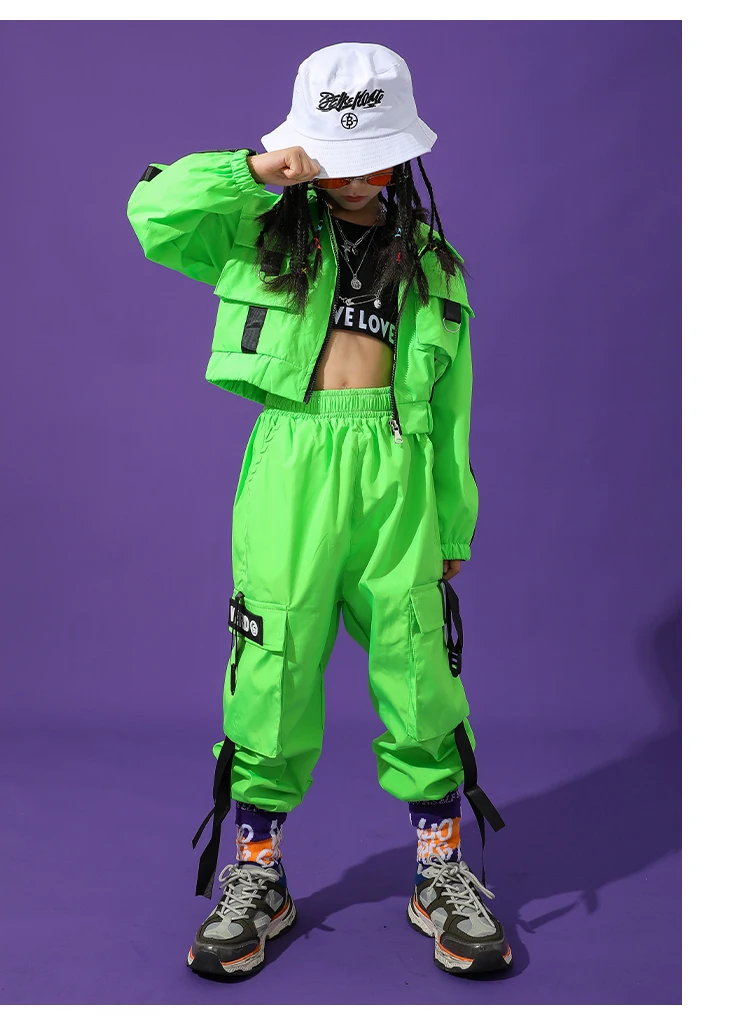 

Hip Hop Dance Costumes For Girls Suit Green Long Sleeve Jazz Clothing Street Dance Children Green Stage Costume