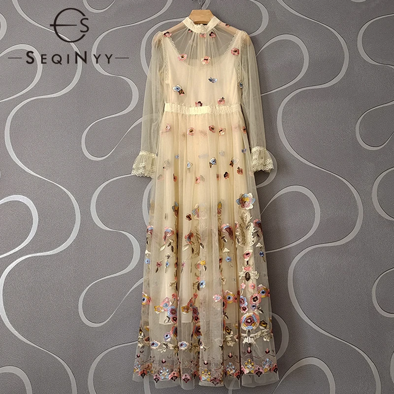 SEQINYY Elegant Long Dress Summer Spring New Fashion Design Women Runway High Quality Embroidery Flowers Mesh Lace Party