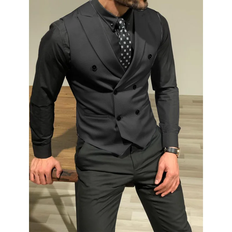 Chaleco de traje para hombre, ropa de doble botonadura sin mangas para novio y boda, ropa de trabajo ajustada Retro, chaleco de negocios (0)