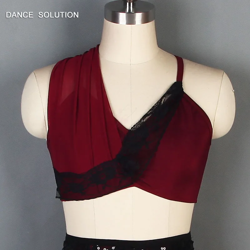 Бордовый балетный костюм для детей и взрослых "Asymmetrical Top with Short Skirt", выполненный из растягивающейся сетки и кружева (арт. 19606).