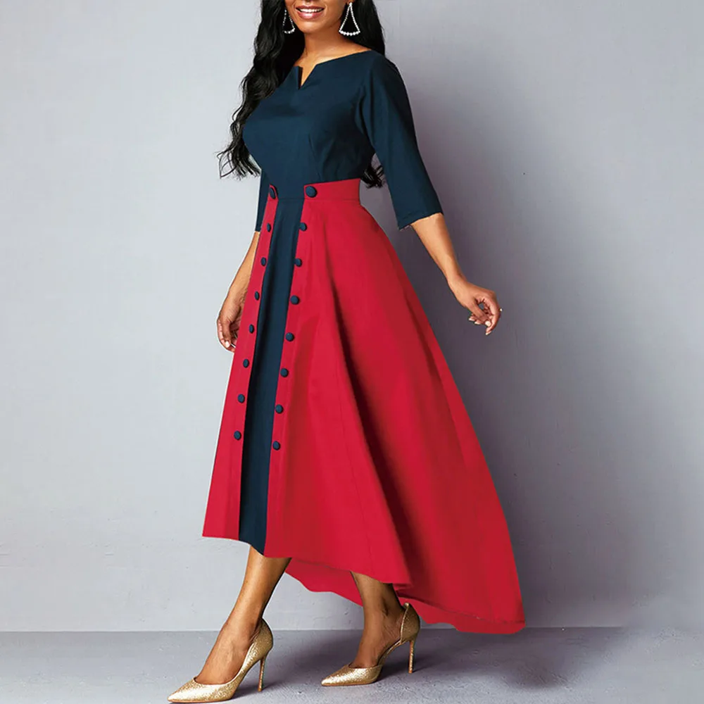 

Spring Summer 2021 New Western Style Women's Long Sleeve Splicing V-neck Double Breasted Decoration Irregular V-neck Dress