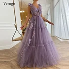 Платье Verngo женское длинное для выпускного вечера, элегантное ТРАПЕЦИЕВИДНОЕ платье из тюля лавандового цвета, с V-образным вырезом, облегающее вечернее платье до пола с объемными цветами, 2021