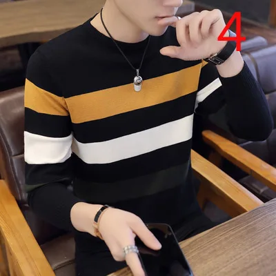 

Autumn Japanese retro striped stitching round neck T-shirt street tide