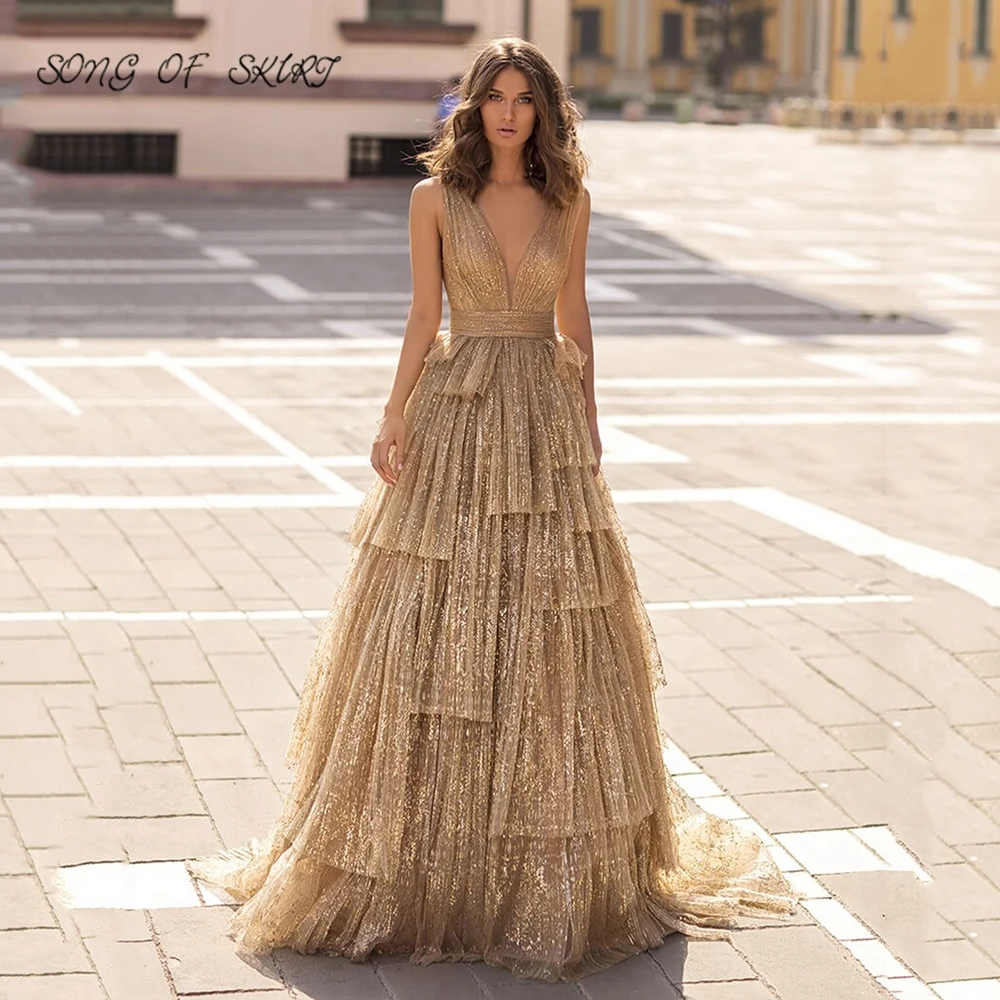 

Shiny Bling Birthday Cake Women Prom Party Dresses Backless Deep V Neck Holy Communion Formal Evening Gown Robe De Soirée