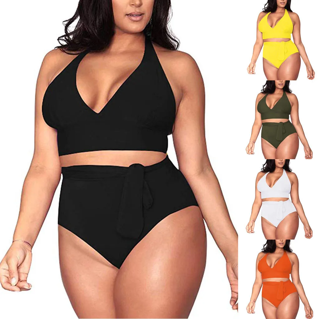 Купальник-бикини женский однотонный на широких бретелях L-4Xl размера плюс 2020 Z0310