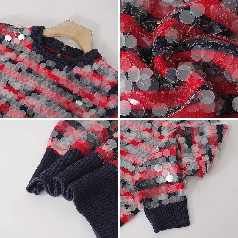 

Spring Autumn Sequined Striped Sweaters Female O-neck Knitted Pullover Tops Woman Sweaters Casual Outerwear TA1313