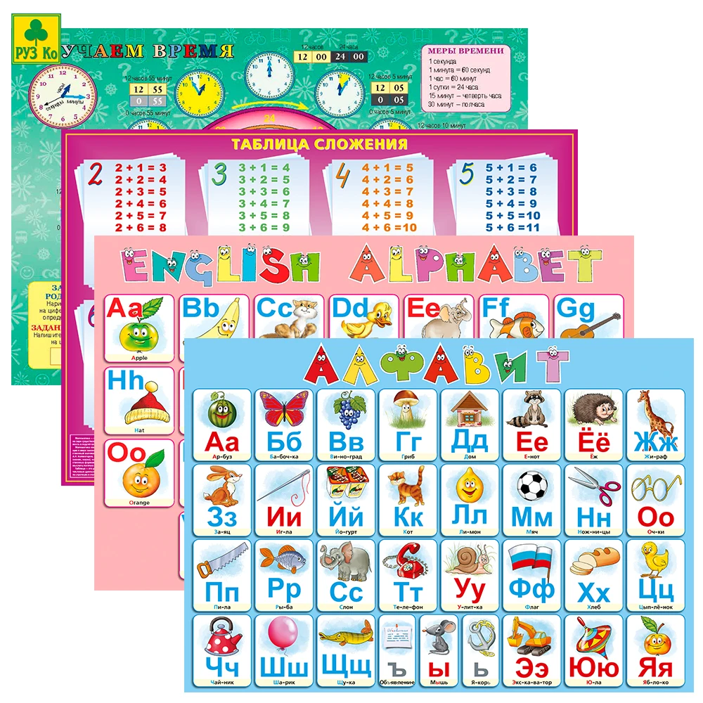 Комплект из 4 х двус них планшетных изданий РУЗ Ко:алфавит русс англ таблица