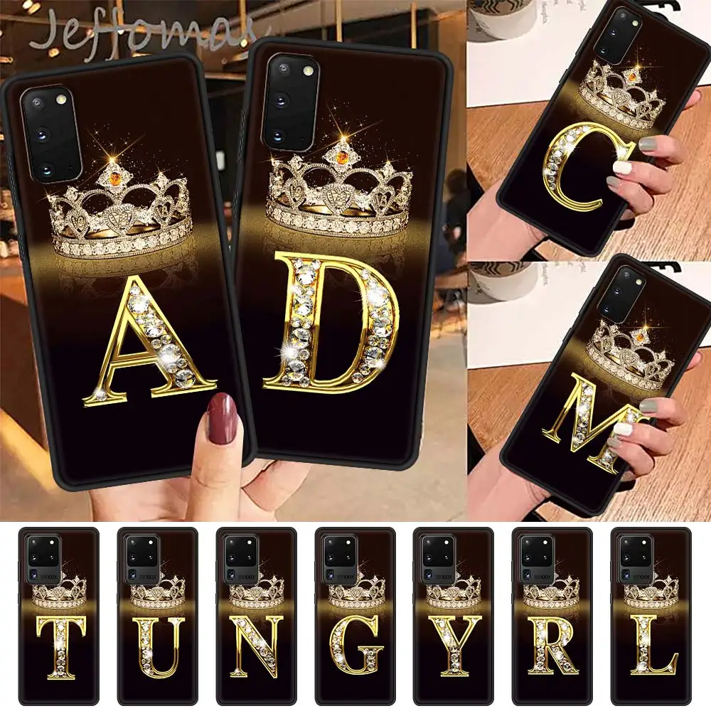 Letter Monogram Gold Marble Case For Samsung Galaxy S22 S21 S20 FE S10 S9 S8 Plus Note 20 Ultra 9 10 Lite Black Soft Phone Coque