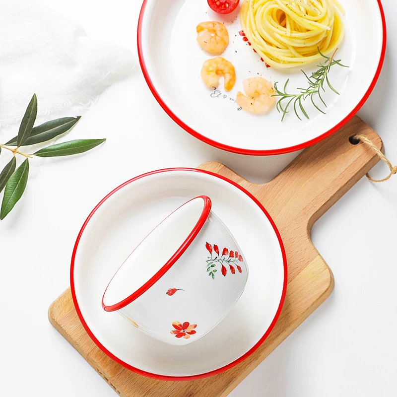 Популярная керамическая миска ins простая с глазурованным цветочным принтом в