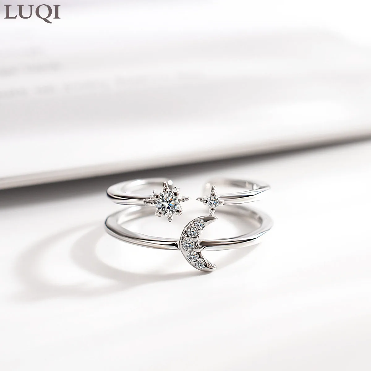 

S925 посеребренное Платиновое модное изысканное Открытое кольцо с двойной звездой и Луной из циркония для подруги и девушки YMD