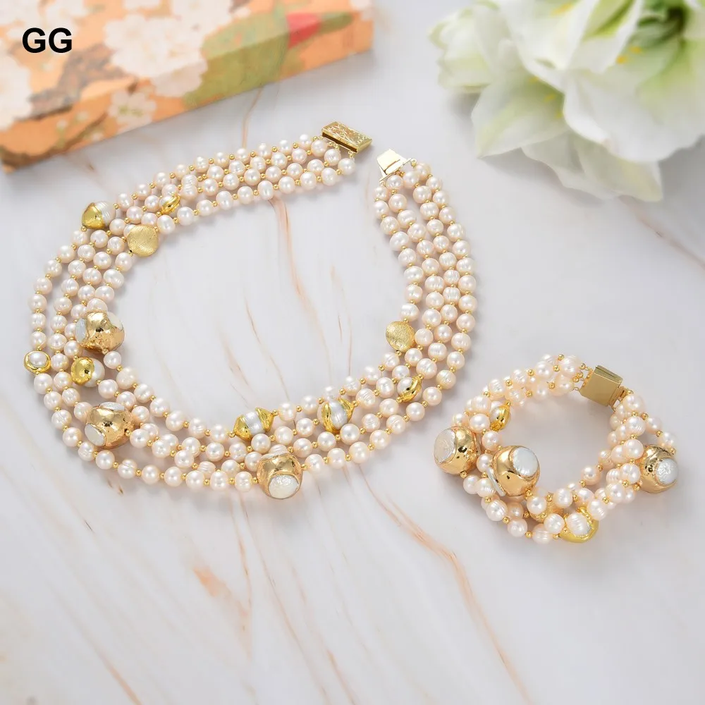 

GG Jewelry Natural 4 Strands Freshwater Culture White Pear Gold Color Plated Coin Pearl Necklace Bracelet Sets For Women Lady
