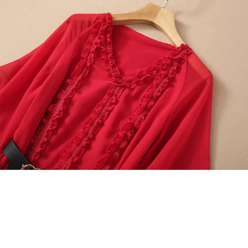 

2021 summer chiffon women red party dress 3D Edible Tree Fungus high quality women XXL dresses with belt