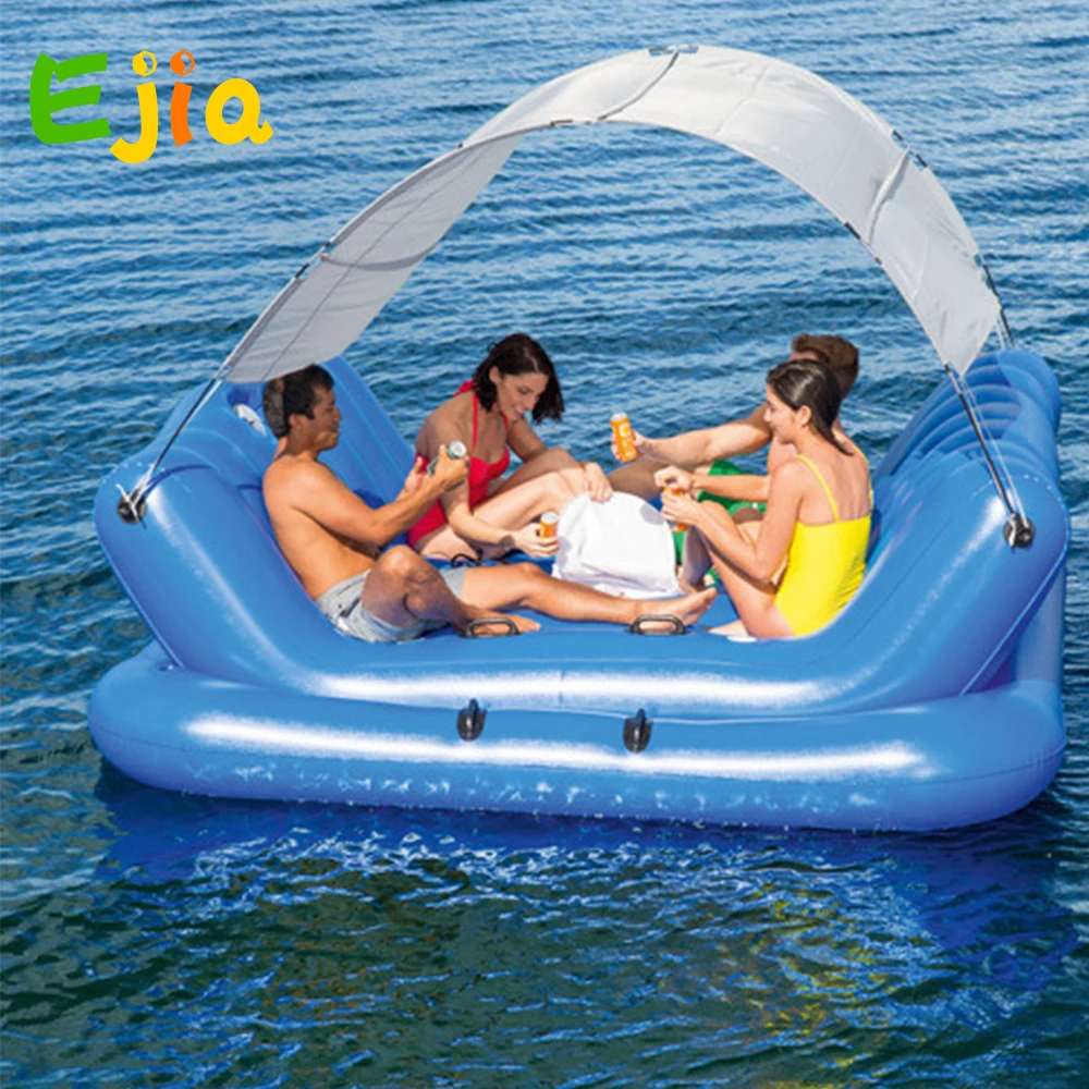 

4-Person Inflatable Island With Sun Shade Float Boat 4-Cup Holder Cooler Swimming Pool Floats Bed Water Toys Pool Fun Raft Fun