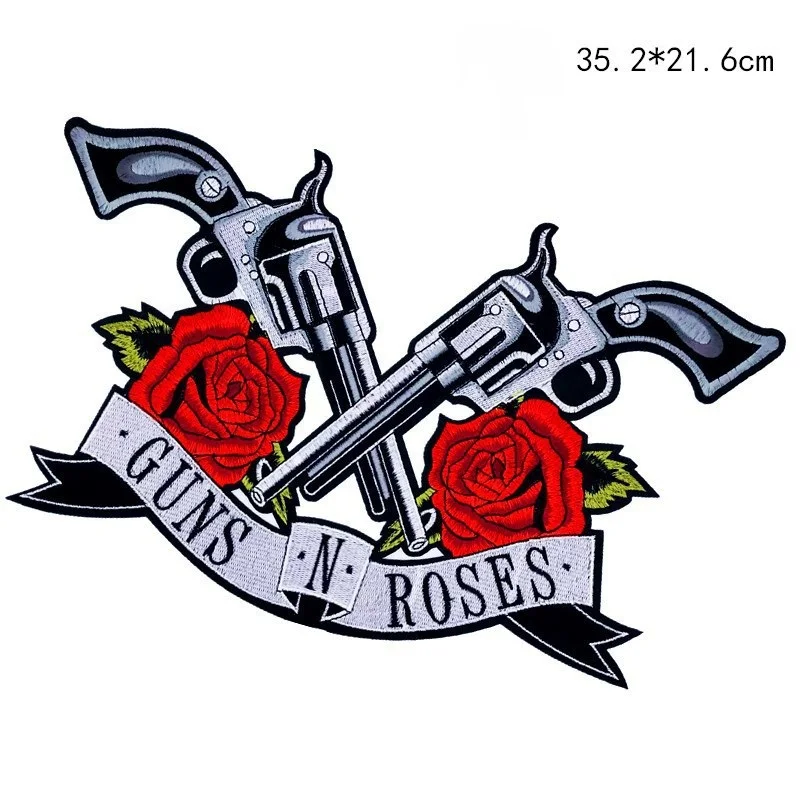 

Large Rose and pistol cloth stickers punk clothing embroidered appliqués ironing sewing decorative Coat back ironing patch