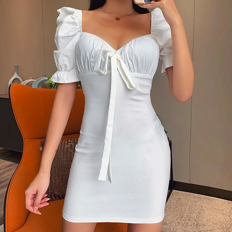 

Retro dress female 2021 summer slim bow temperament bubble sleeve bag hip solid color short-sleeved square collar dress #318