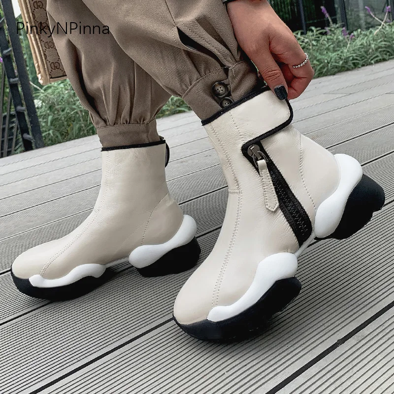 

futuristic designer women pleated cowhide patent leather outdoor thick bottom sneakers snowboots black white plus size shoes