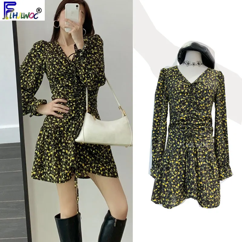 Женское мини платье с V образным вырезом и цветочным принтом|Женские платья| |