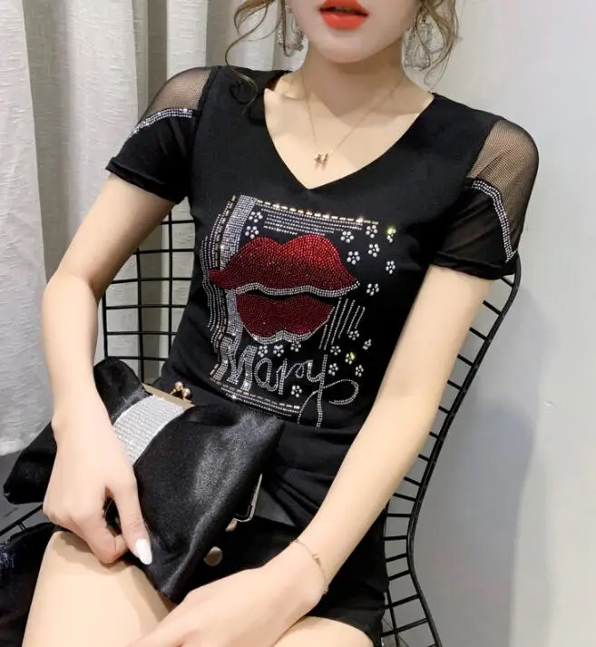

Summer Korean Clothes T-shirt Fashion Diamonds Lip Women Tops Ropa Mujer Cotton Short Sleeve Lace Sexy Back Shirt Tee New