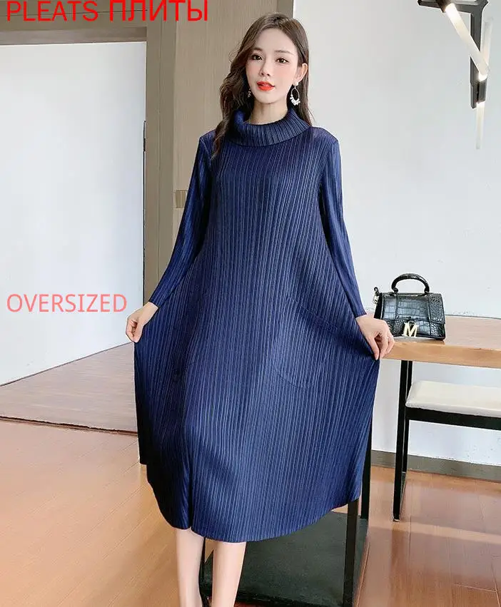 

New Women's Autumn and Winter High Neck Casual Loose Pocket Long Sleeve Solid Color Pleated French Dress MIYAKE Pleats Vestido