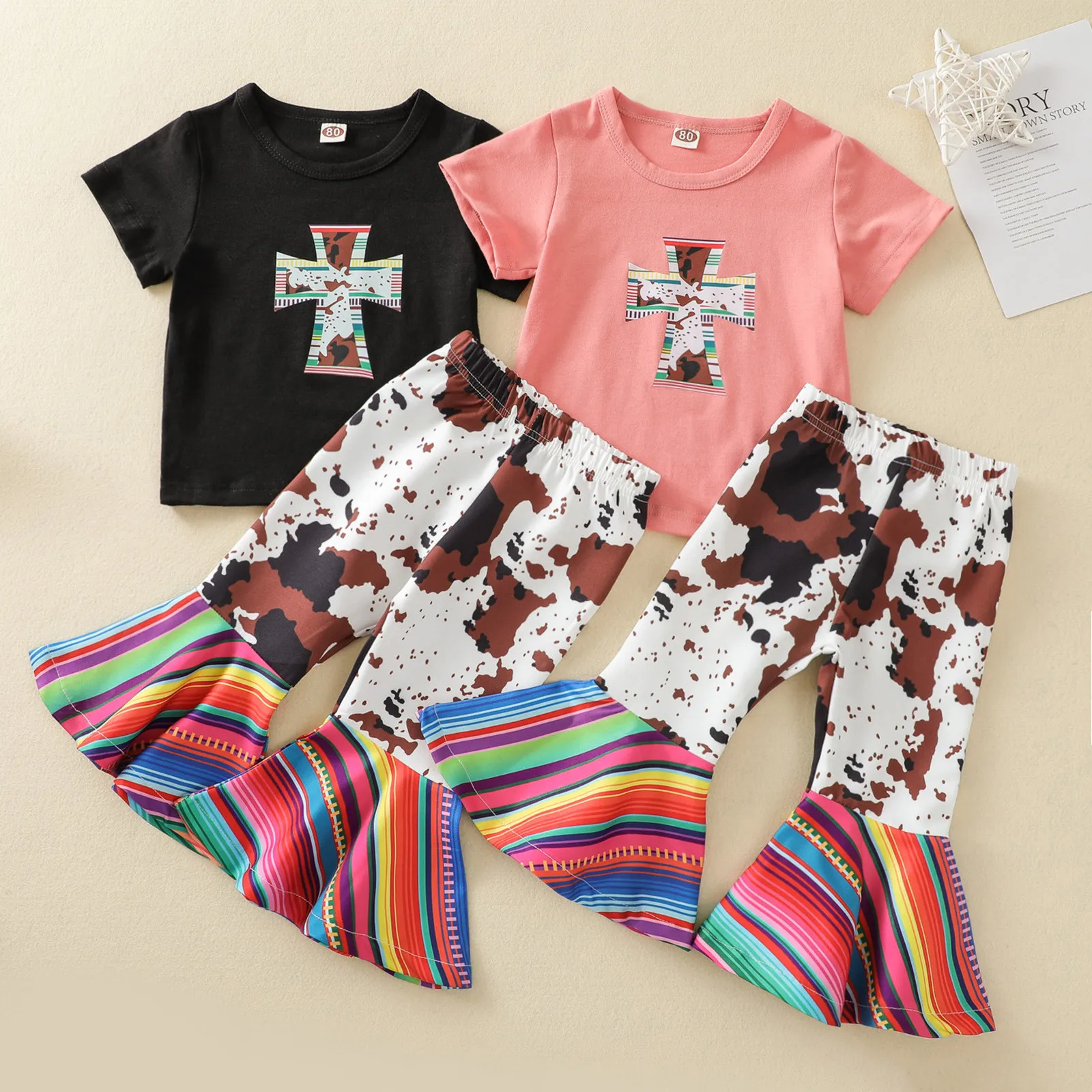 

Children Clothes Sets Toddler Infant Baby Kids Girls Cross T-shirt Tops+cow Rainbow Stripe Pants Sets Toddler Girl Clothing
