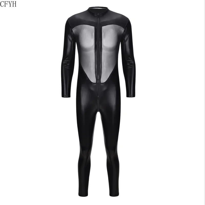 

Men Sexy wetlook Lingerie Latex Catsuit Faux Leather Front Zipper Open Crotch Bodysuit Fetish Costume Erotic Body Suit
