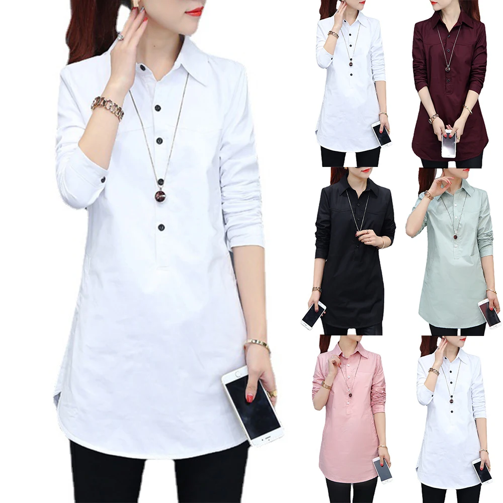 

Блузка женская однотонная с длинным рукавом, Офисная Повседневная рубашка с лацканами, на пуговицах, топ для отдыха, весна-осень