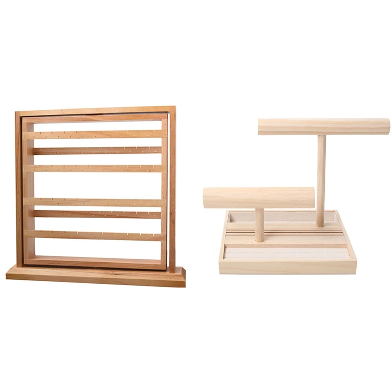 

2 Pcs Earrings Jewelry Organizer Stand Holder Display Necklace Display Stand Wood Color & Khaki