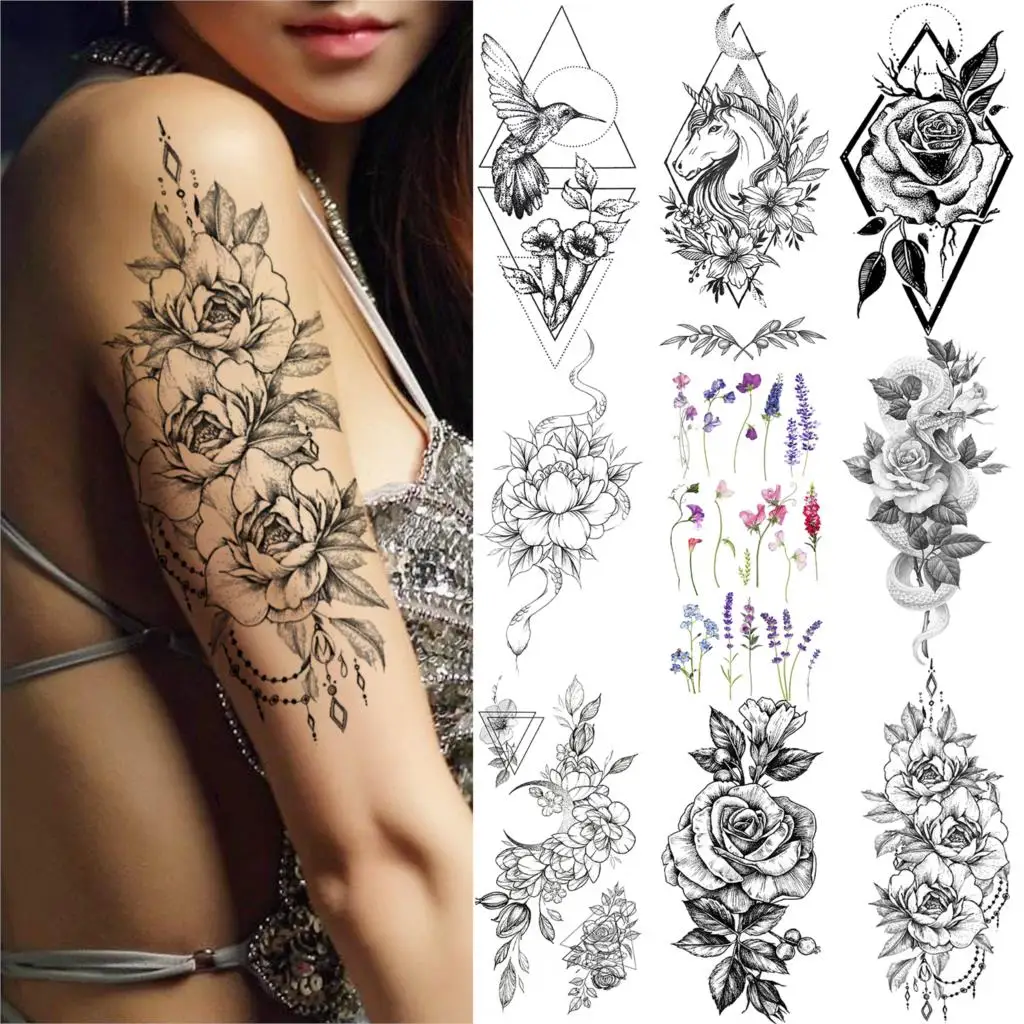 Геометрические временные тату наклейки с изображением розы для женщин