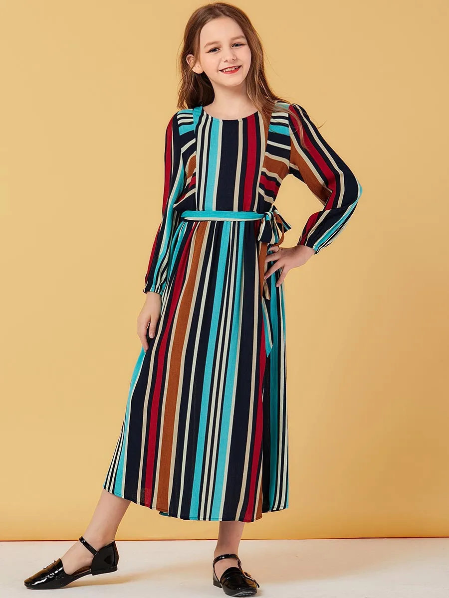 Исламское мусульманское платье для девочек Полосатое марокканское с пышными