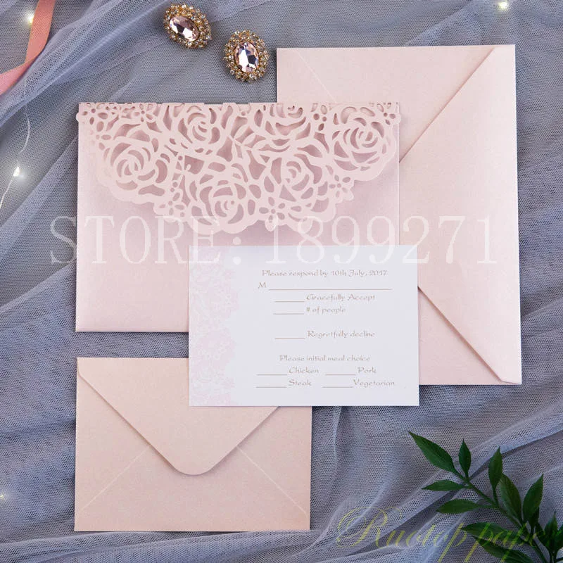 50 шт. пригласительные открытки в форме румян-розовых роз с конвертом свадебные