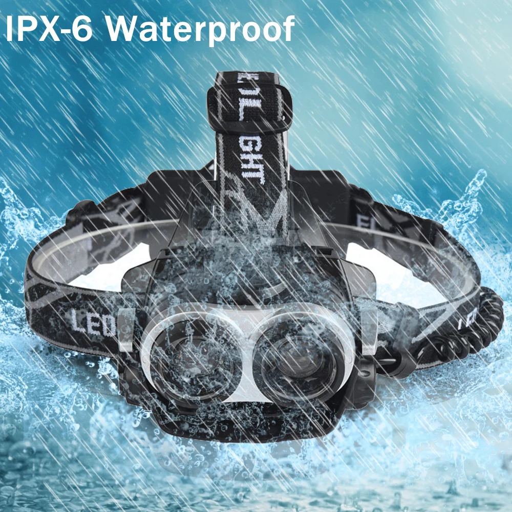 Супер яркий светодиодный налобный фонарь 2 * T6 масштабируемый с USB зарядкой