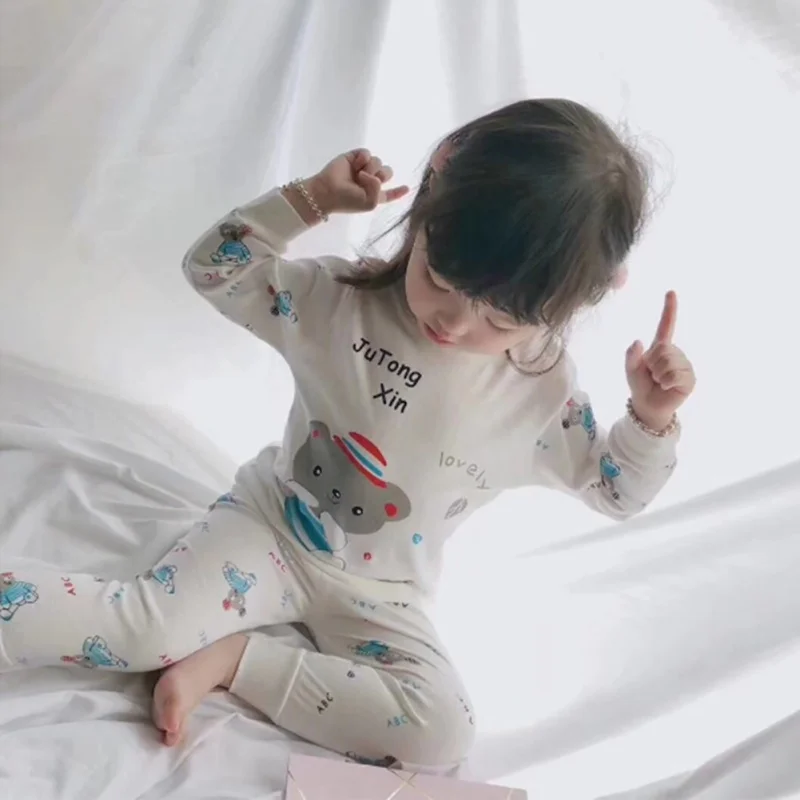 

Children Set Tops Pants Cotton Cartoon Print Long Sleeve O-Neck Autumn For Baby Kids Girls Boys Outfits Sets Blouse Sleepwear