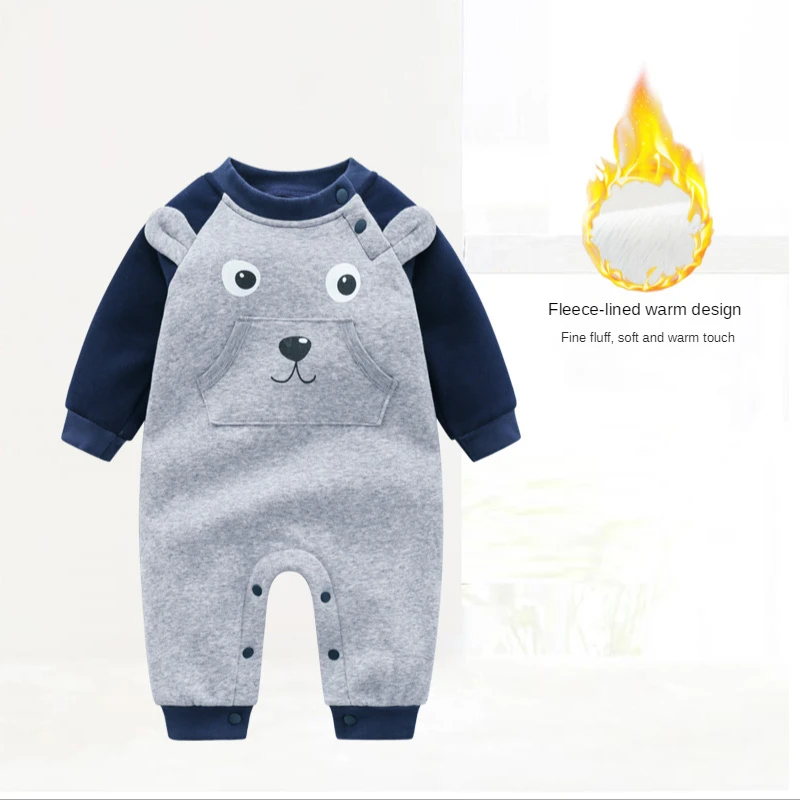 

Baby Autumn Plus Velvet Romper For Infants And Toddlers Thickened Warm Children's One-piece Clothes Chest Pocket