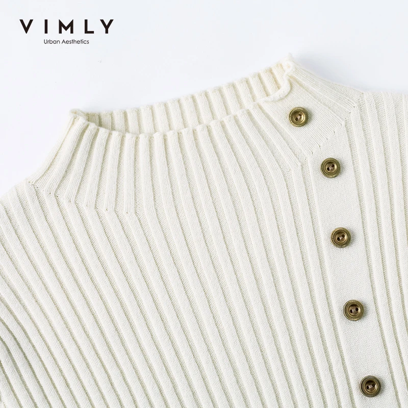 Vimly 2020 Spring Autumn Women Knitted Pullovers Tops Fashion Solid Stand Collar Buttons Slim OL Elegant Female Sweater 99157 | Женская