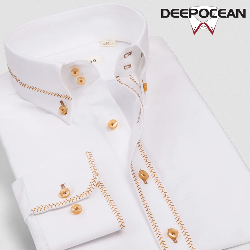 Deepocean Embroidery High Neck White Blouse Long Sleeve Pure Cotton Slim Gold Purple Casual Shirts FOR MAN 100COTTON