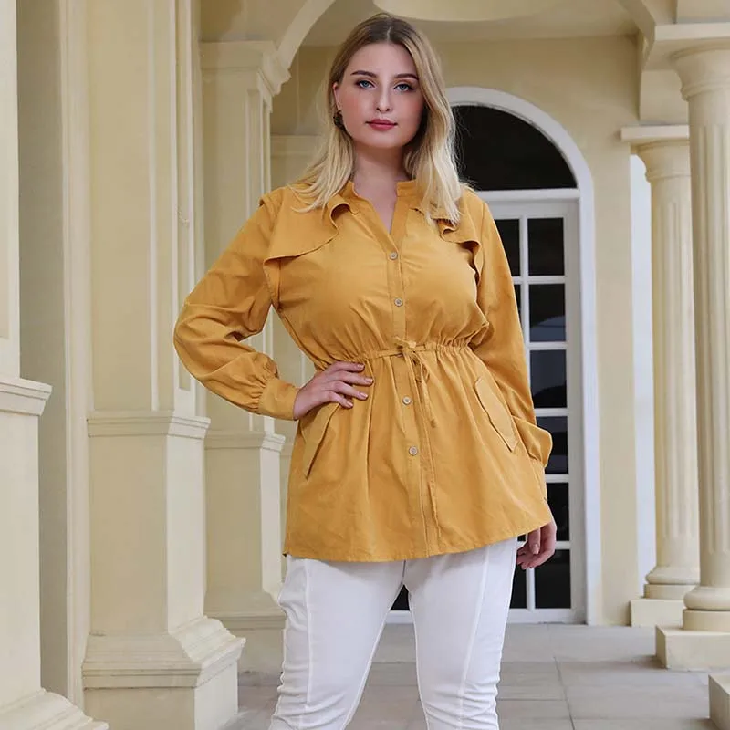 WHZHM блузка с длинными рукавами поясом пуговицами и круглым вырезом элегантная