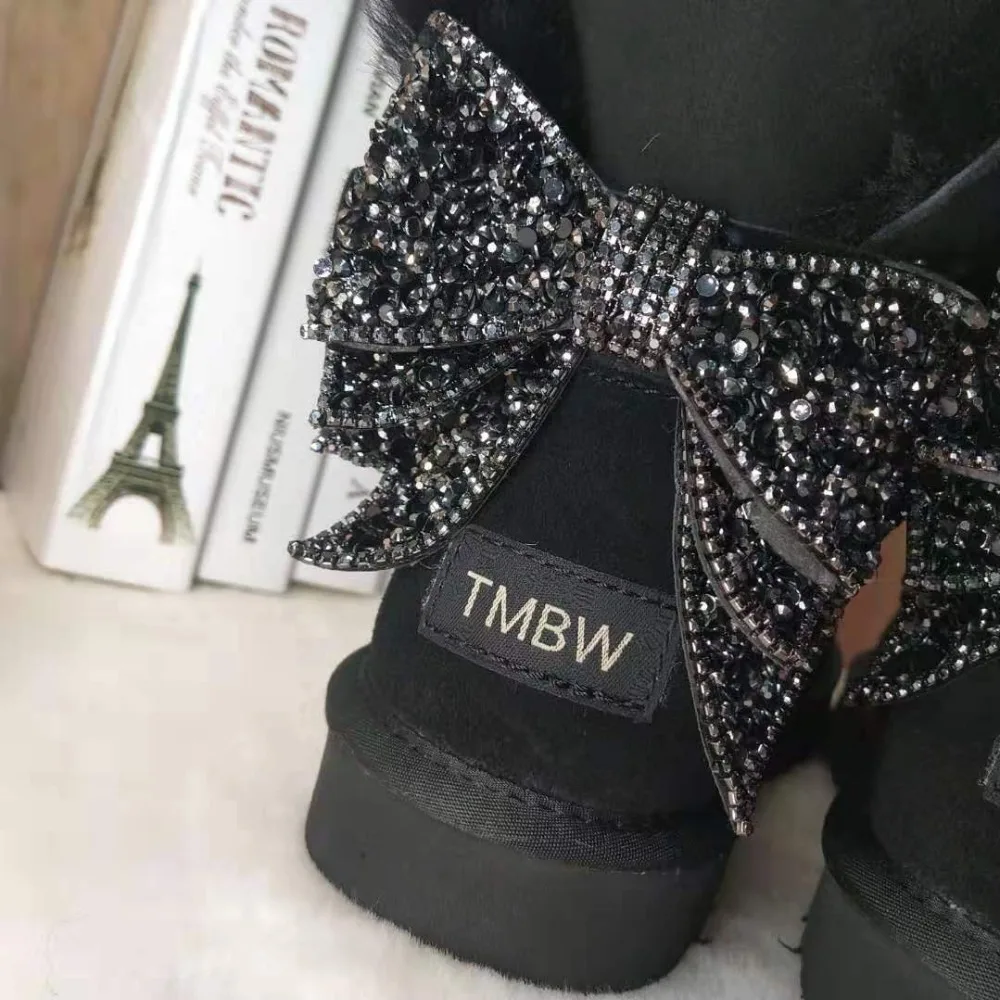 Blinging/; красивые женские зимние ботинки из натуральной овечьей кожи с бантом; женские ботинки на натуральном меху; теплые зимние ботинки с шерстью
