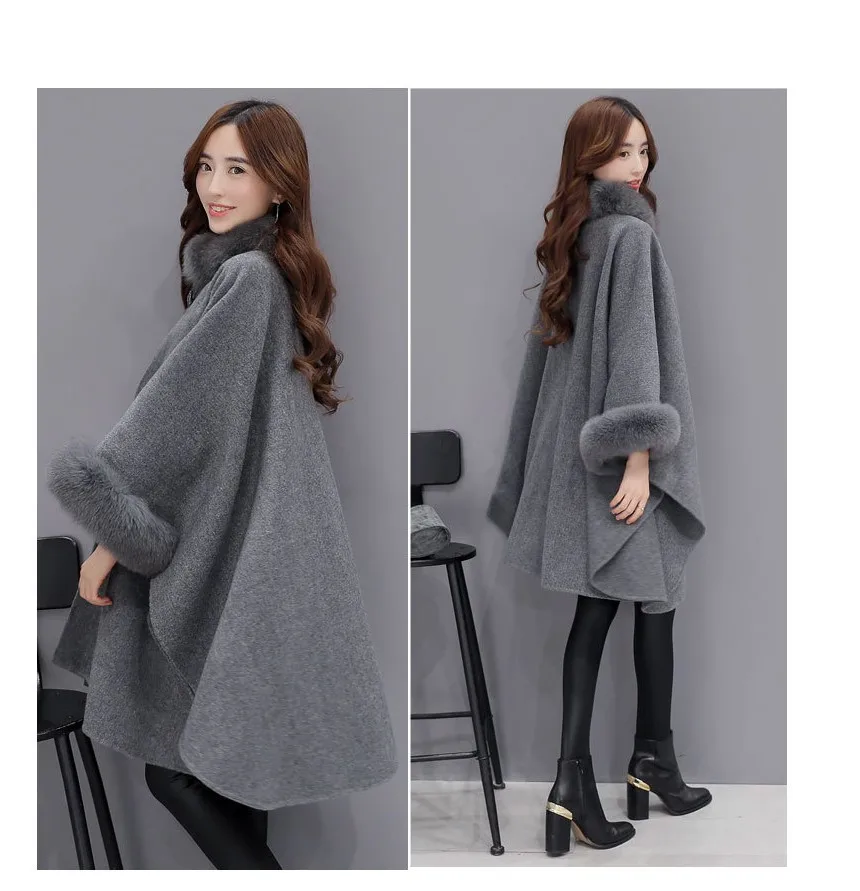 

Ponchos and Capes Women 2023 Christmas Fashion Flare Sleeve Faux Fox Fur Collar Winter Wool Cloak Cape Coat Poncho Long Overcoat