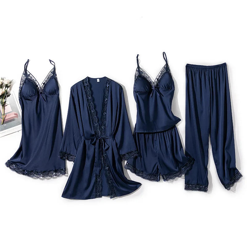 

5PCS Sleepwear Kimono Bathrobe Gown Women Pajamas Set Sexy Satin Faux Silk PJS Suit With Lace Lounge Wear Loose Home Clothes