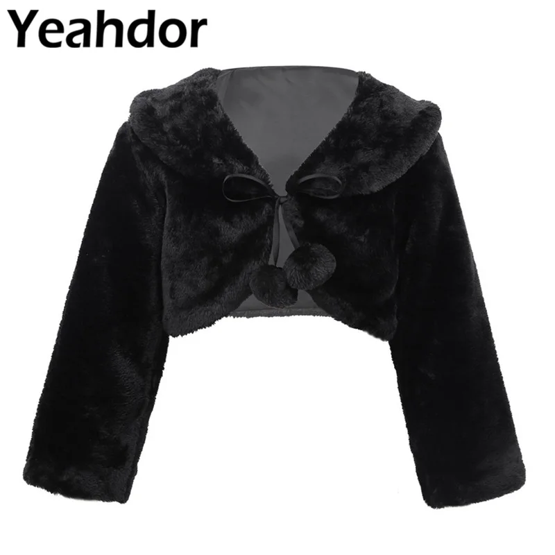 Женское пальто с длинным рукавом и искусственным мехом черное запахом для