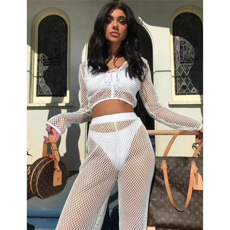 

Women Sexy Mesh Two Pieces Set White Long Sleeve Crop Top High Waist Pants Outfit Hollow Fishnet Clothes Casual Tracksuit Spring