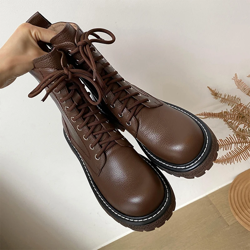 

MEZEREON Casual Boots Cowhide Leather Women Street Shoes Round Toe All-Match Ankle Boots 5.5 CM Heel Botines Botas Mujer