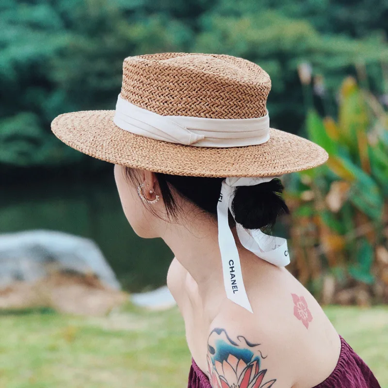 

Korean Version of Straw Hat Female Summer British Retro Flat Top Small Fresh Hat Sunshade Sunscreen Beach Hat Travel In Summer